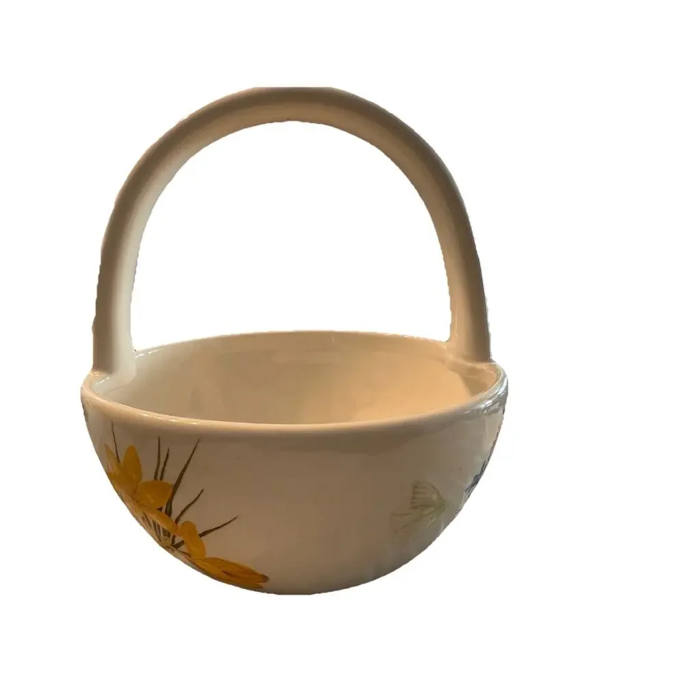 Blossoms & Blooms Ceramic Decorative Basket Floral Easter White Yellow Round